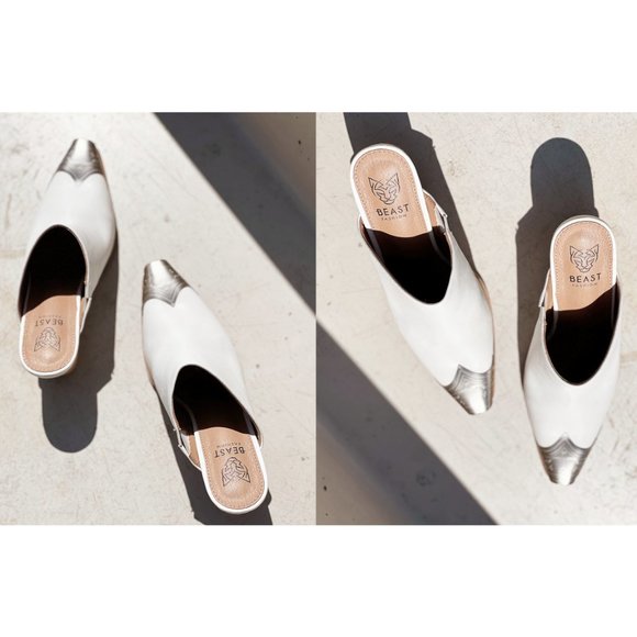 NEW White PU Leather Silver Metal Pointy Square Toe Block Heel Western Mule Shoe - Picture 9 of 13